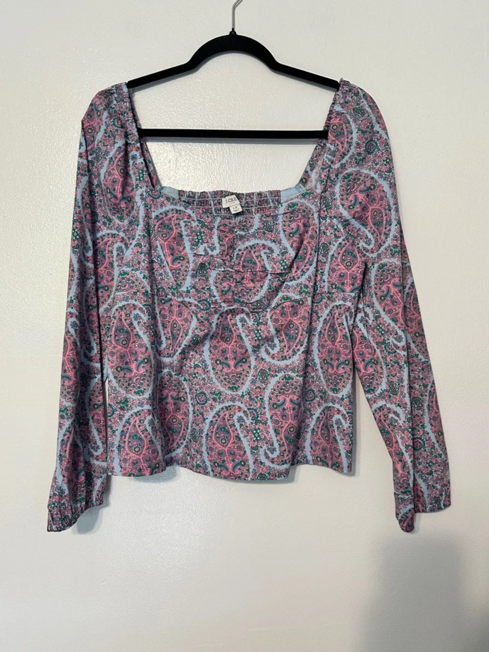 J Crew Paisley Sweetheart Long Sleeve Blouse Blue Pink size 12